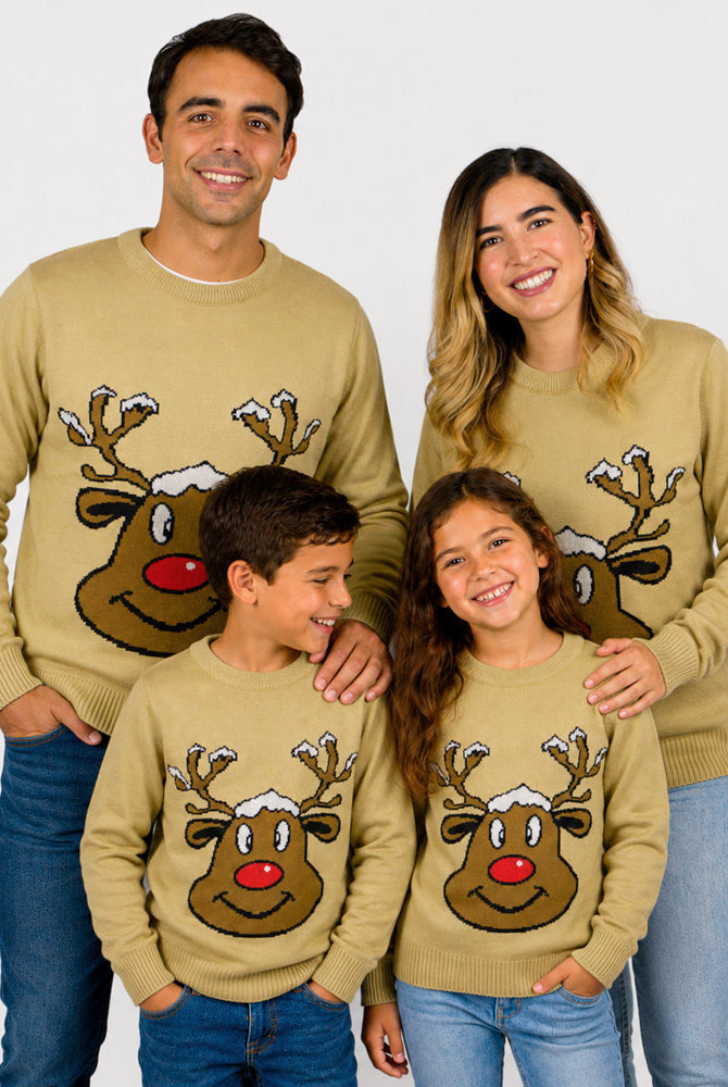 Camisola de Natal Família Bege com Rena Sorridente