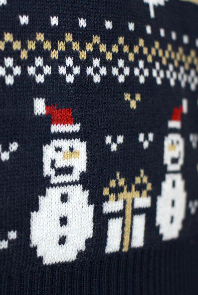 Camisola de Natal Bonecos de Neve Casal Azul e Árvores