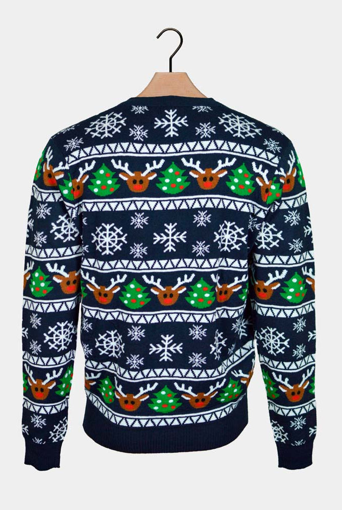 Camisola de Natal Cardigan Casal Azul Renas e Árvores