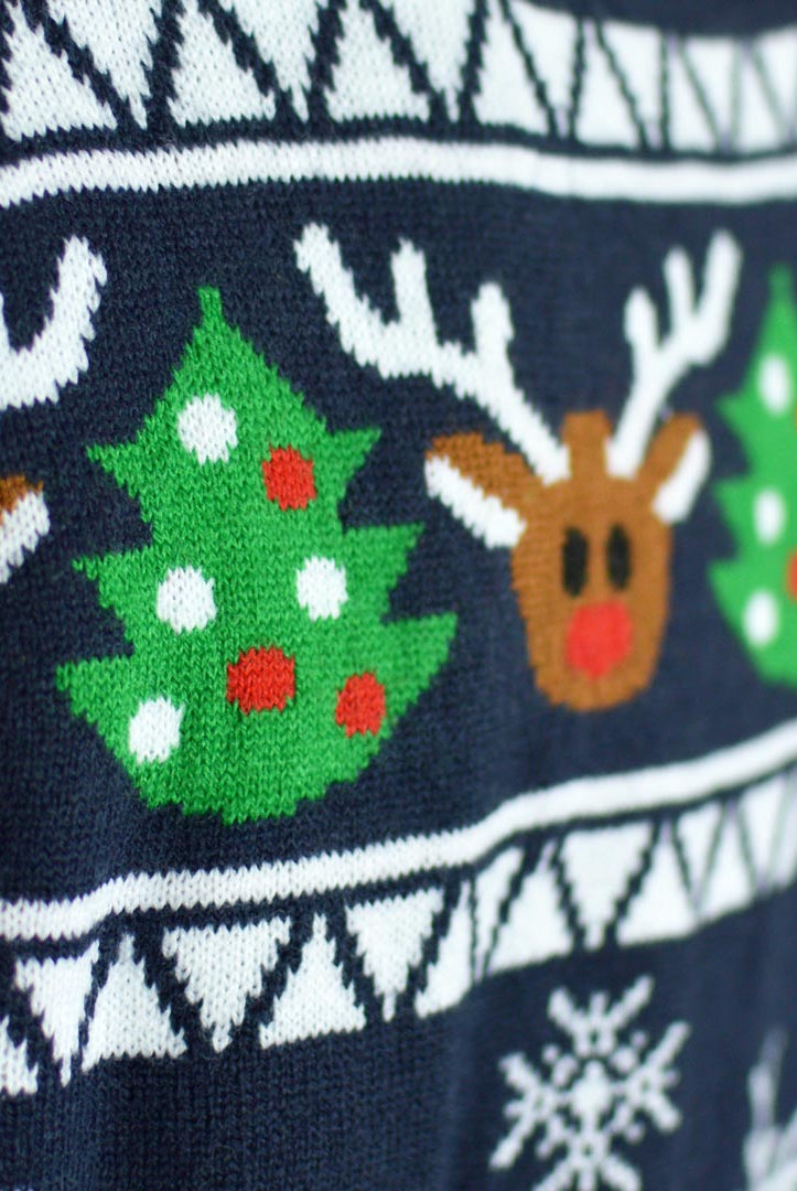 Camisola de Natal Cardigan para Casal Azul com Renas e Árvores detalhe