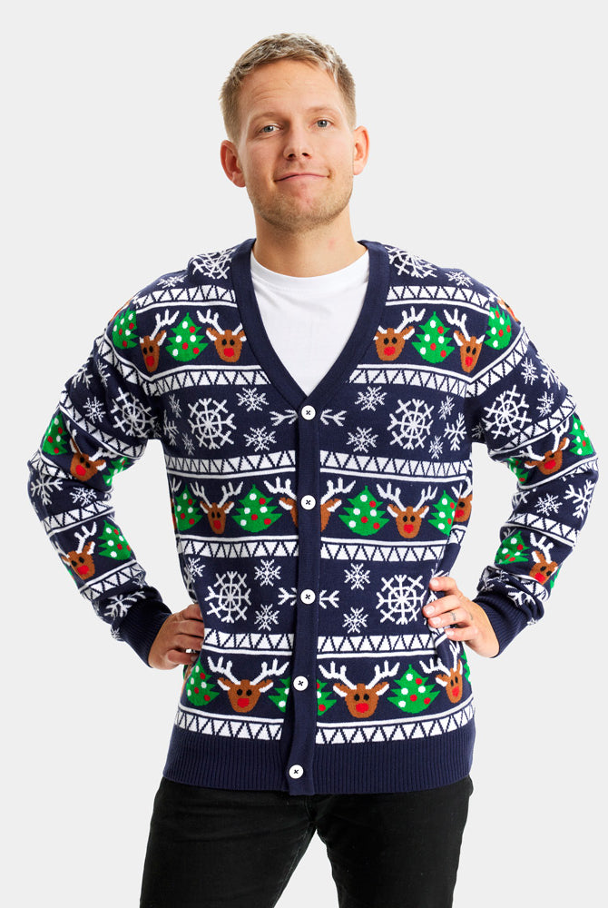 Camisola de Natal Cardigan para Casal Azul com Renas e Árvores homem