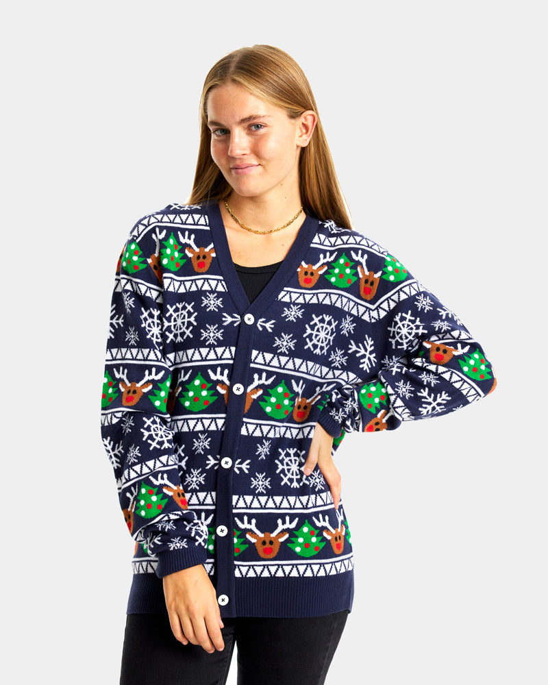 Camisola de Natal Cardigan para Casal Azul com Renas e Árvores