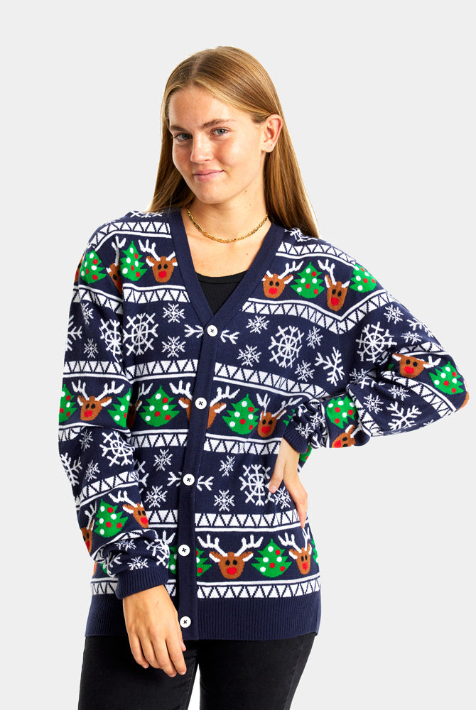 Camisola de Natal Cardigan para Casal Azul com Renas e Árvores