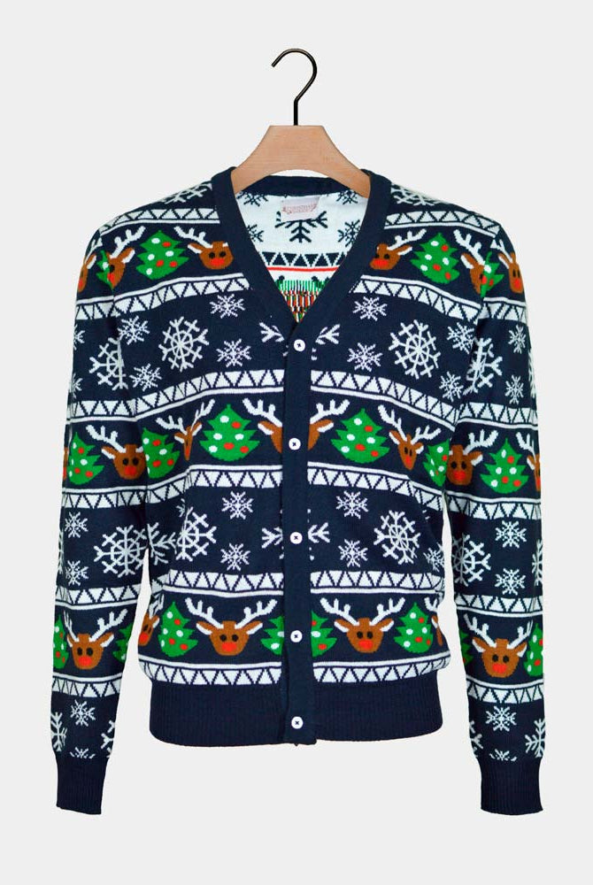 Camisola de Natal Cardigan Casal Azul com Renas e Árvores