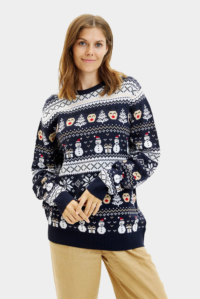 Camisola de Natal para Casal Azul Bonecos de Neve e Árvores Mulher