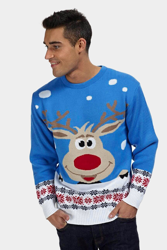 Camisola de Natal para Casal Azul Claro com Rena e Neve homem