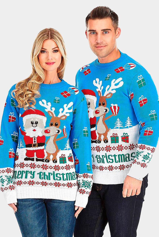Camisola de Natal para Casal Azul Claro com Rena e Pai Natal