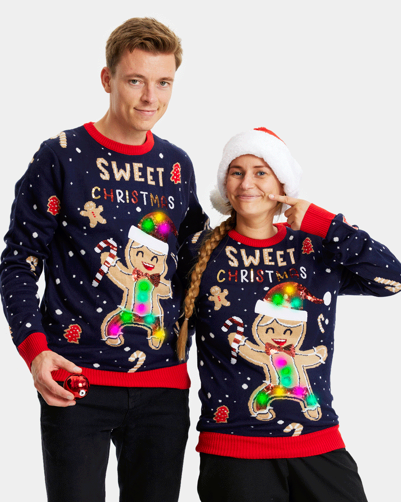 Camisola de Natal para Casal Azul com Luzes LED Ginger Cookie