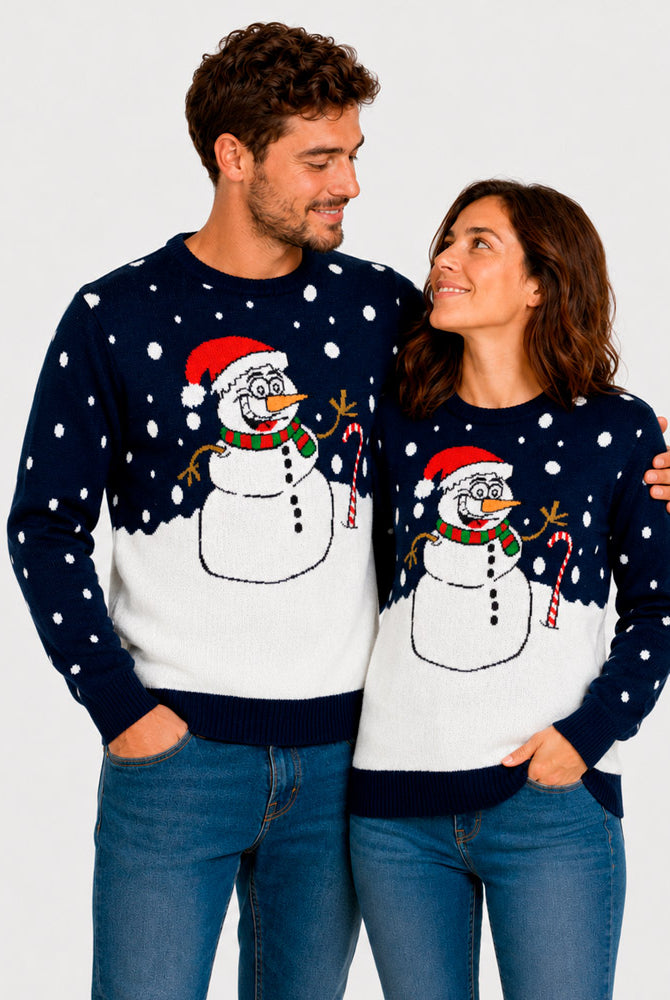 Camisola de Natal Azul Marinho com Boneco de Neve Casal