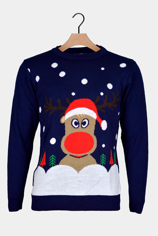Camisola de Natal para Casal Azul Marinho com Rena de Pai Natal