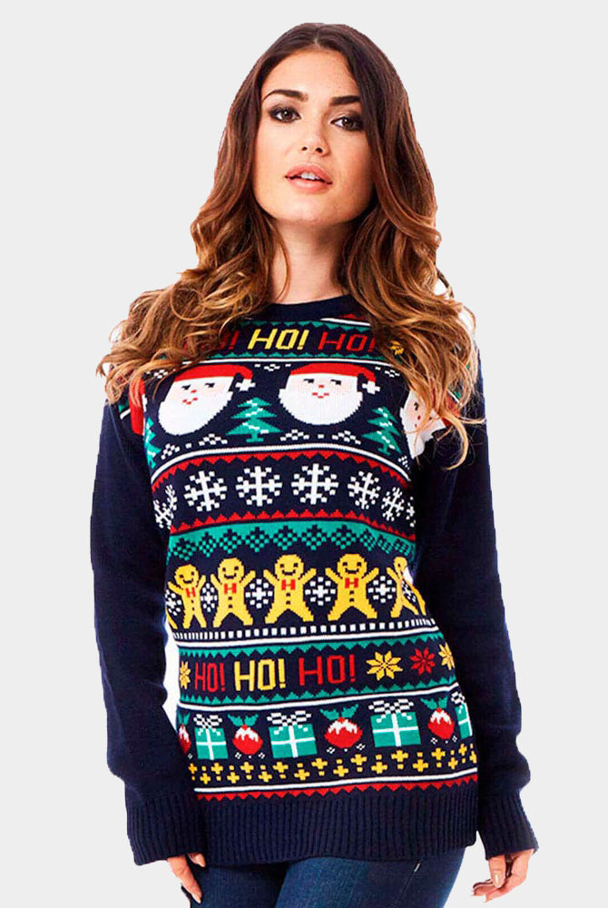 Camisola de Natal para Casal Azul Pai Natal Ho Ho Ho! mulher