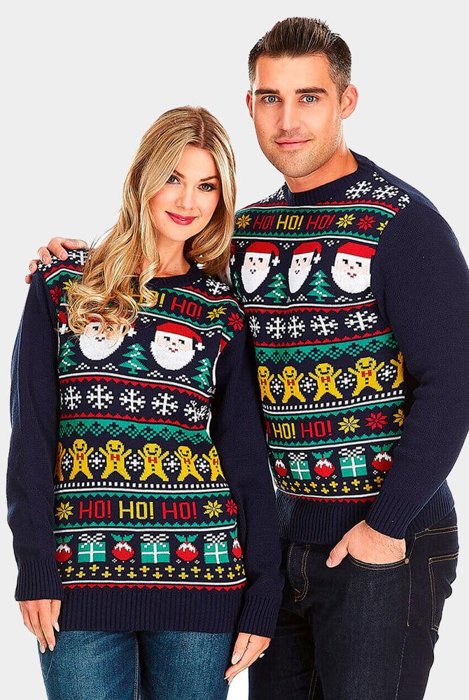 Camisola de Natal para Casal Azul Pai Natal Ho Ho Ho!