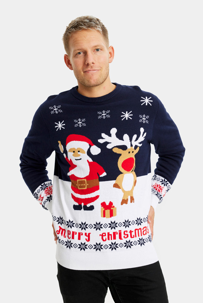 Camisola de Natal para Casal Azul Pai Natal e Rena Rudolph Algodão Orgânico Homem