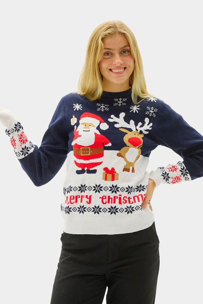 mulher Camisola de Natal para Casal Azul con Pai Natal e Rena Rudolph