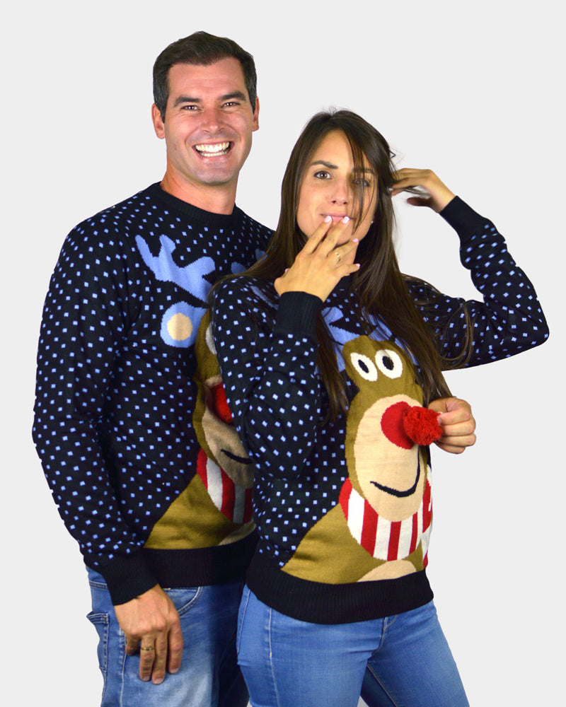 Camisola de Natal para Casal Azul Rena com Nariz Vermelho 3D