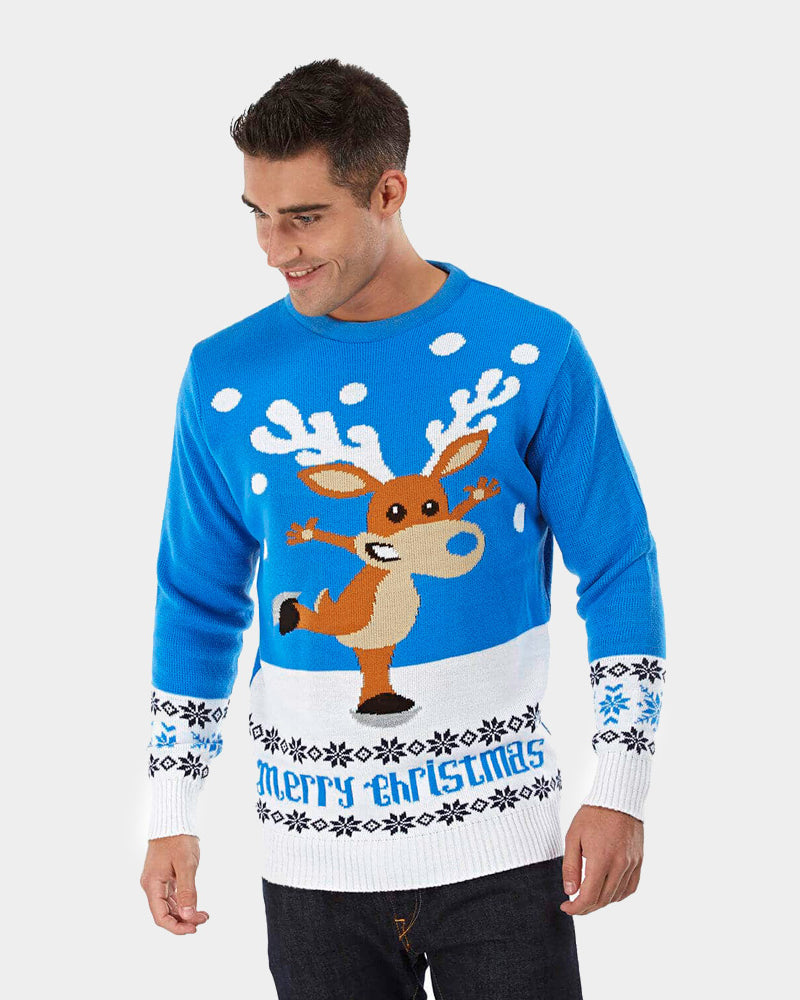Camisola de Natal para Casal Azul com Rena Patinadora homem