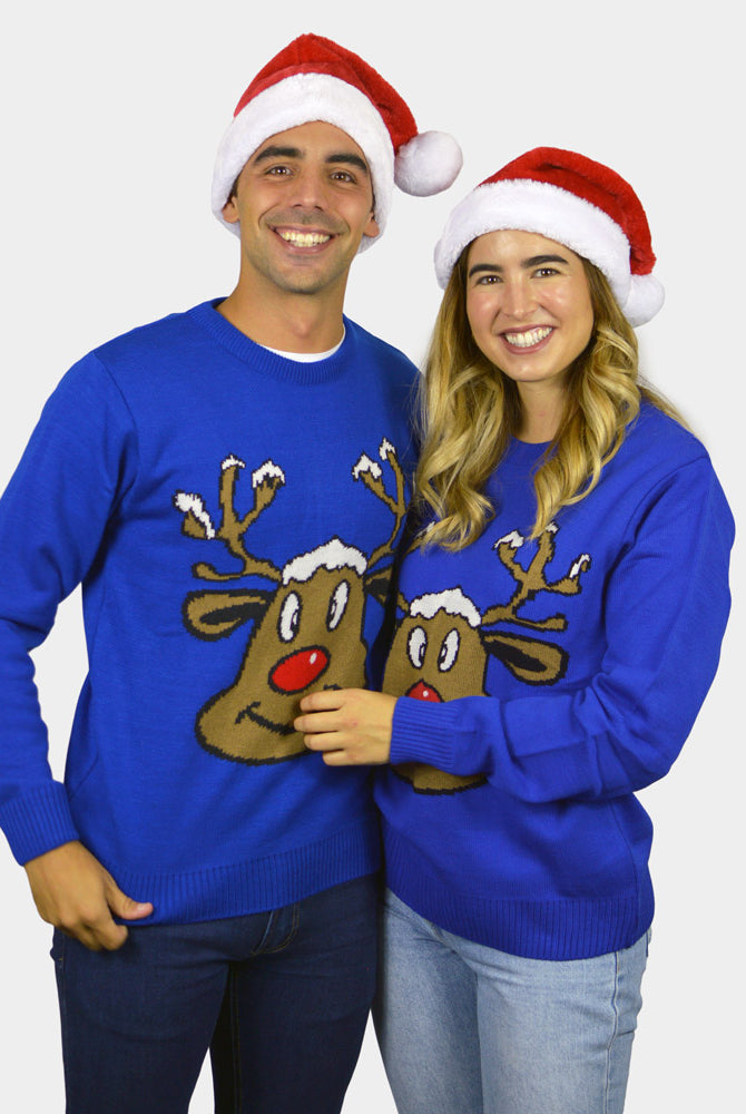 Camisola de Natal para Casal Azul com Rena Sorridente