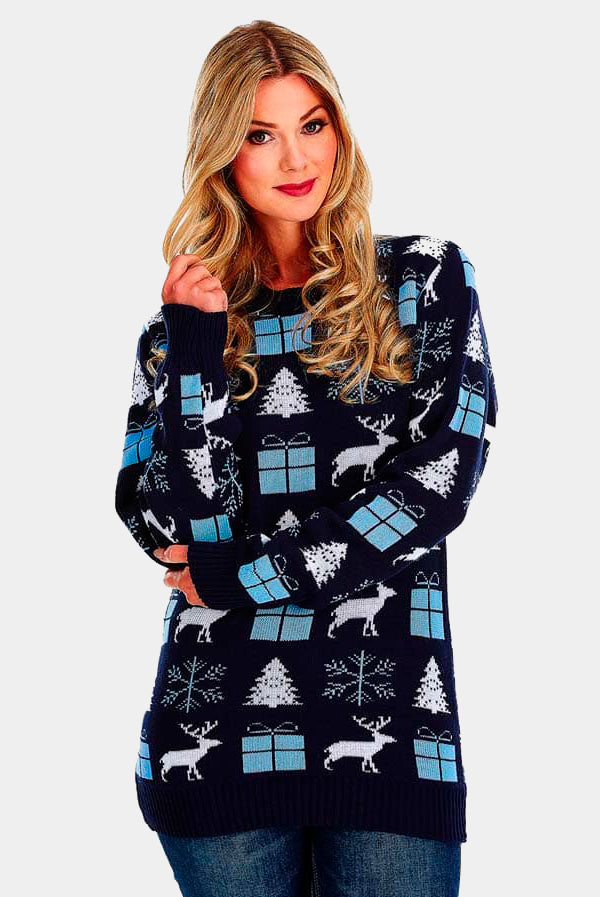 Camisola de Natal para Casal Azul com Renas, Presentes e Pinheiros mulher