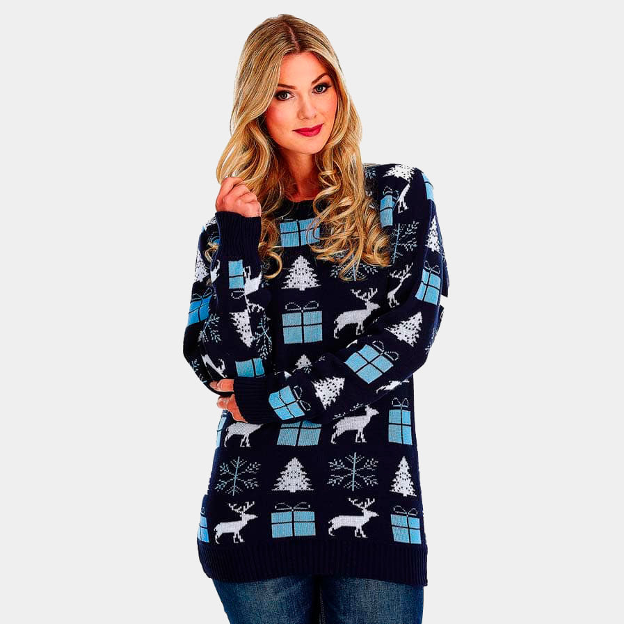 Camisola de Natal para Casal Azul com Renas, Presentes e Pinheiros mulher