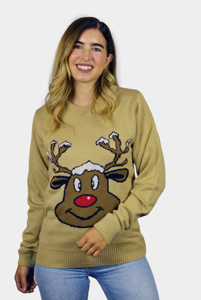 Camisola de Natal para Casal Bege com Rena Sorridente mulher