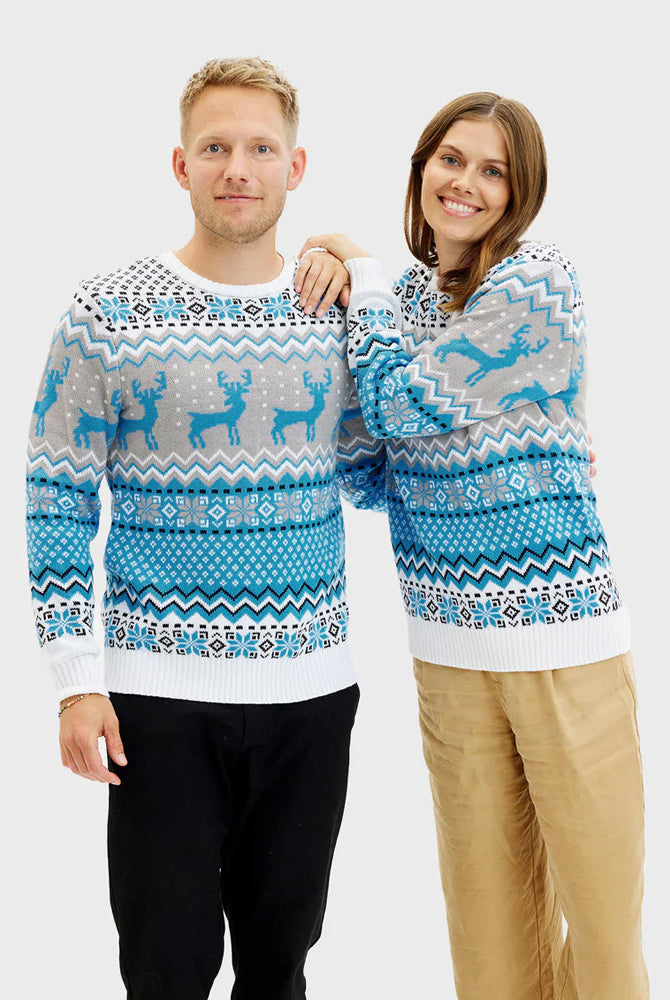Camisola de Natal Casal Elegante Branca, Cinza e Azul Renas