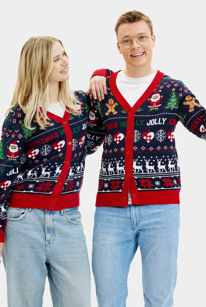 Camisola de Natal Cárdigan para Casal Azul y Vermelha