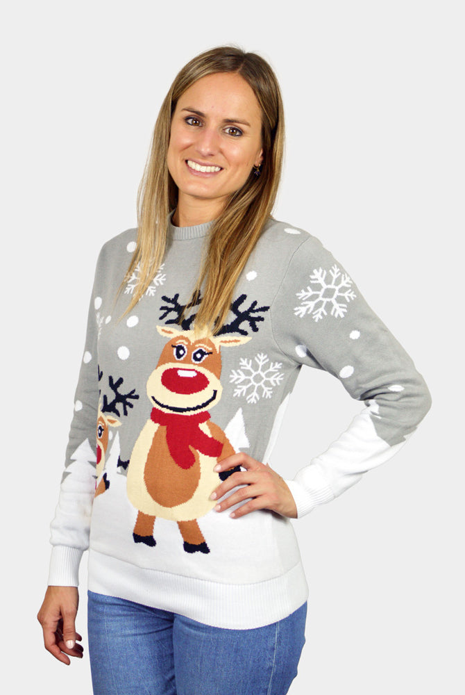 Camisola de Natal para Casal Cinza com Renas Cute mulher