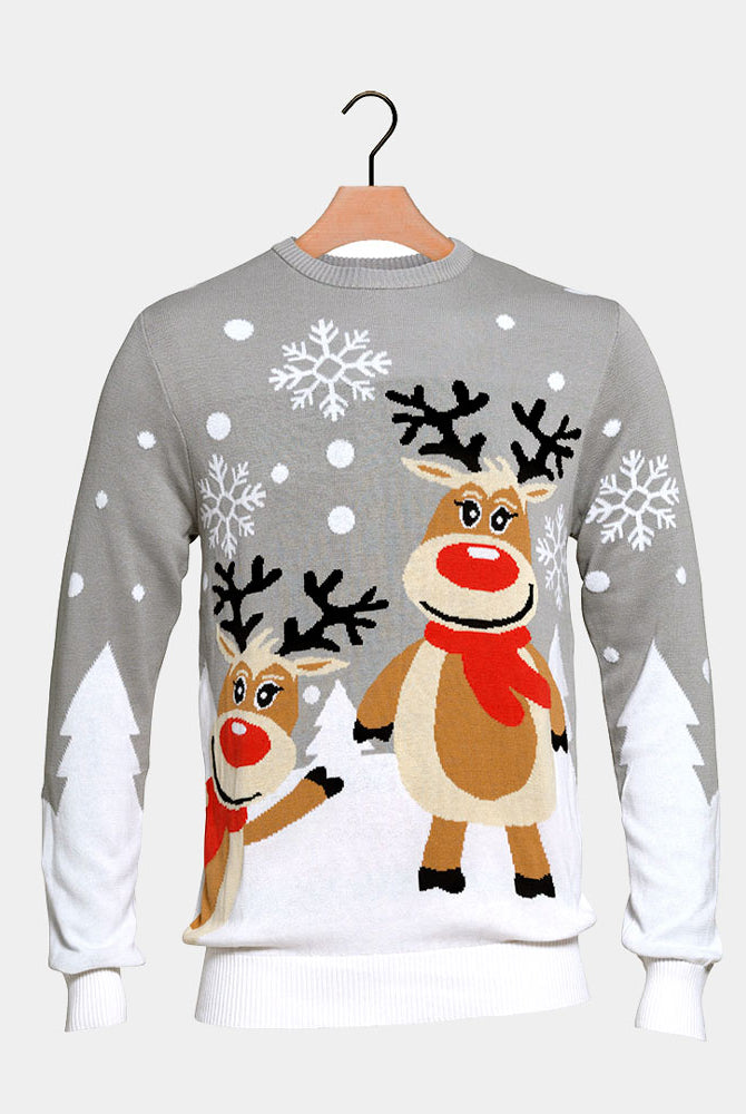 Camisola de Natal para Casal Cinza com Renas Cute