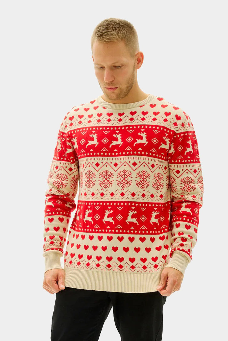 Homem Camisola de Natal para Casal Corações Vermelhos e Bege Algodão Orgânico