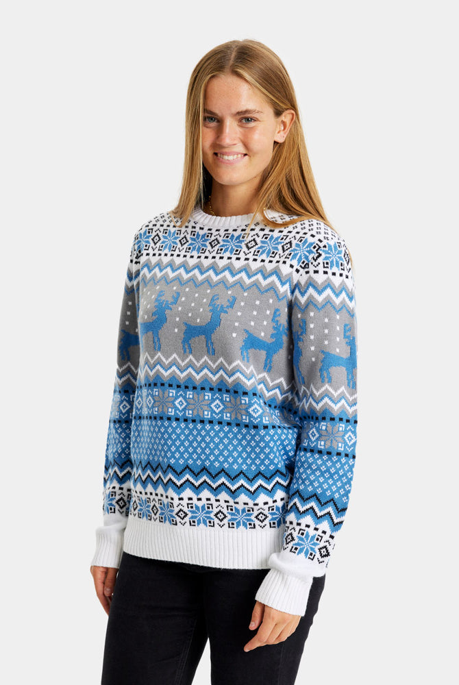 Camisola de Natal para Casal Elegante Branca, Cinza e Azul com Renas mulher