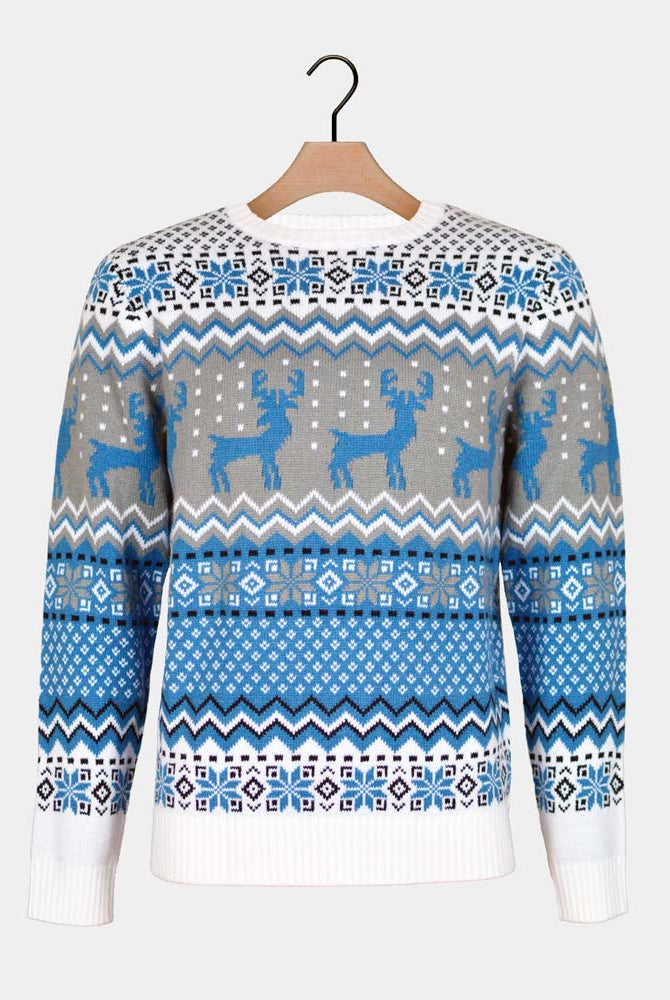 Camisola de Natal para Casal Elegante Branca, Cinza e Azul Renas