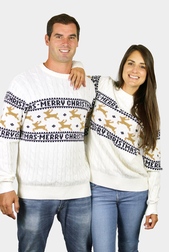 Camisola de Natal Elegante Branca com Renas Algodão Orgânico para Casal