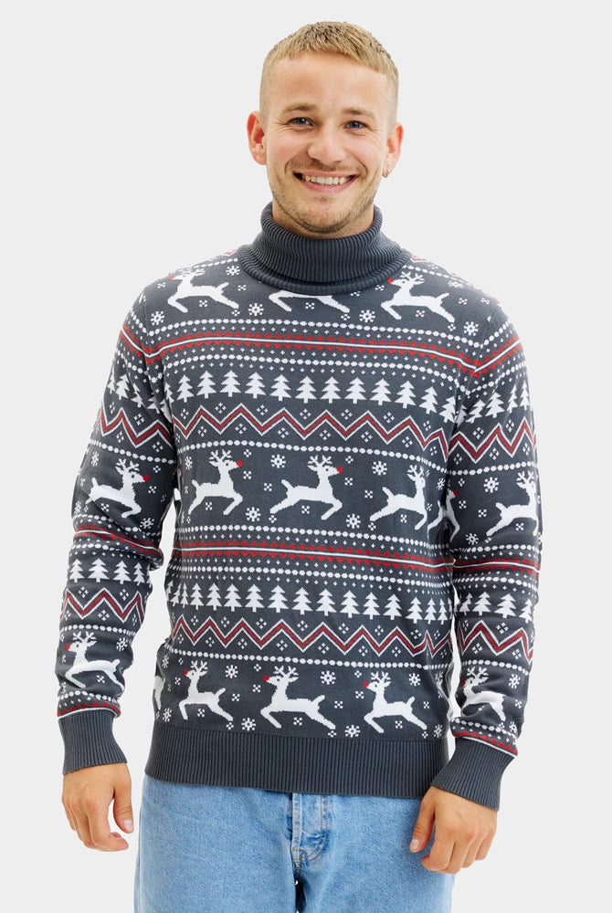 Camisola de Natal para Casal de Gola Alta Cinzenta Renas Algodão Orgânico Homem