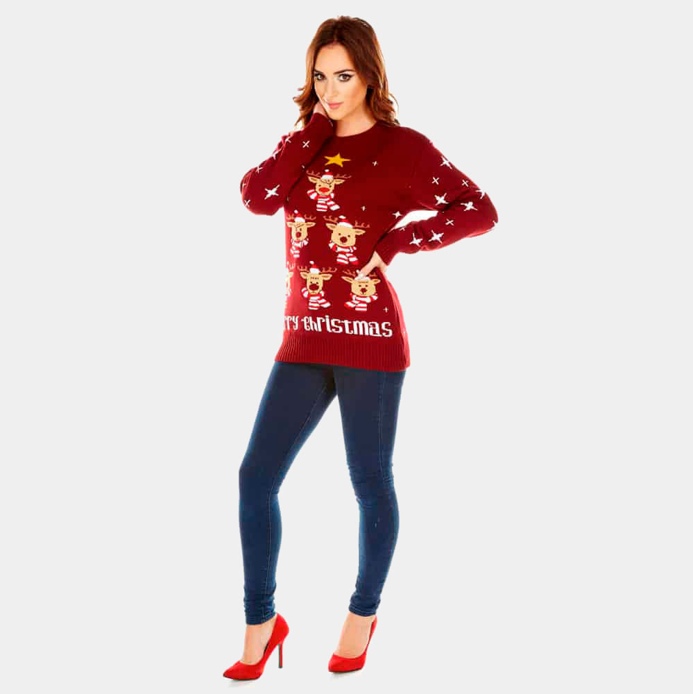 mulher Camisola de Natal para Casal Granate com Rena, Árvore de Natal e Estrela