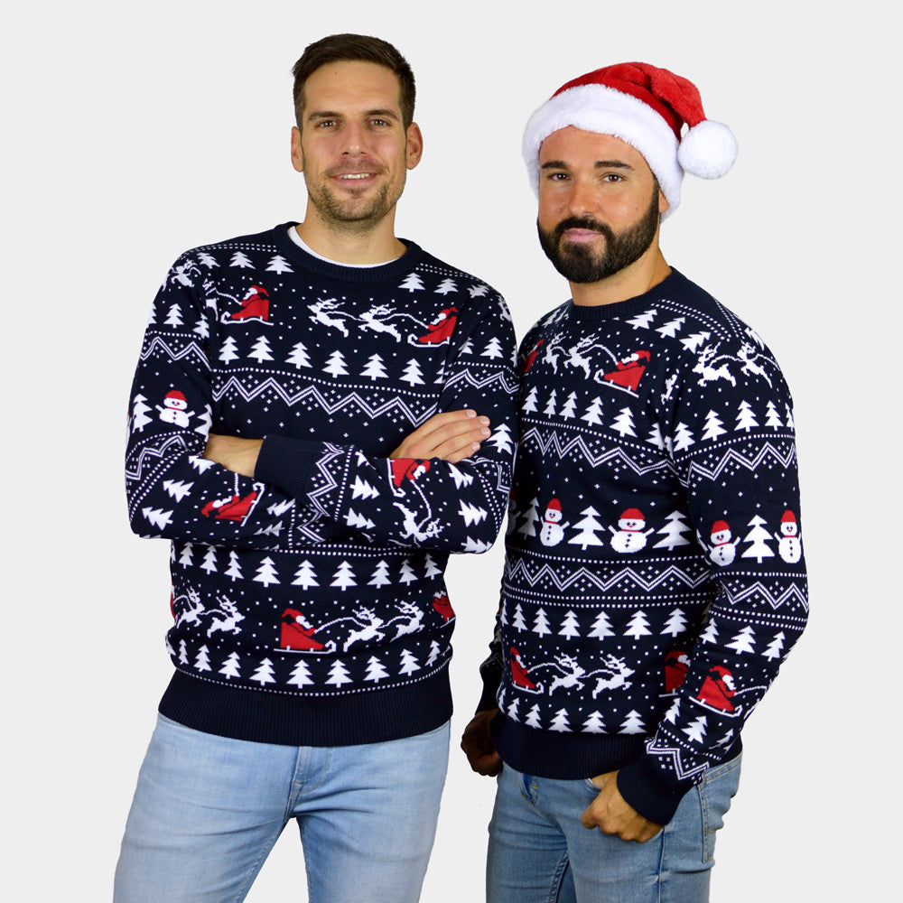 Camisola de Natal para Casal homem Azul com Árvores, Bonecos e Pai Natal Algodão Orgânico