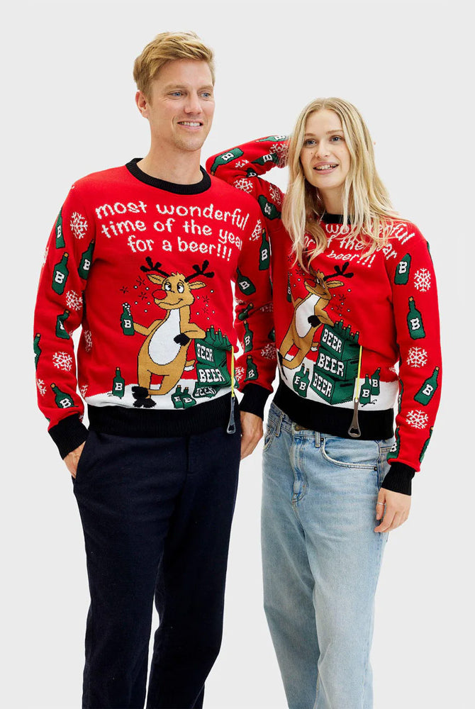 Camisola de Natal Casal homem Mulher Rena com Abridor de Cerveja