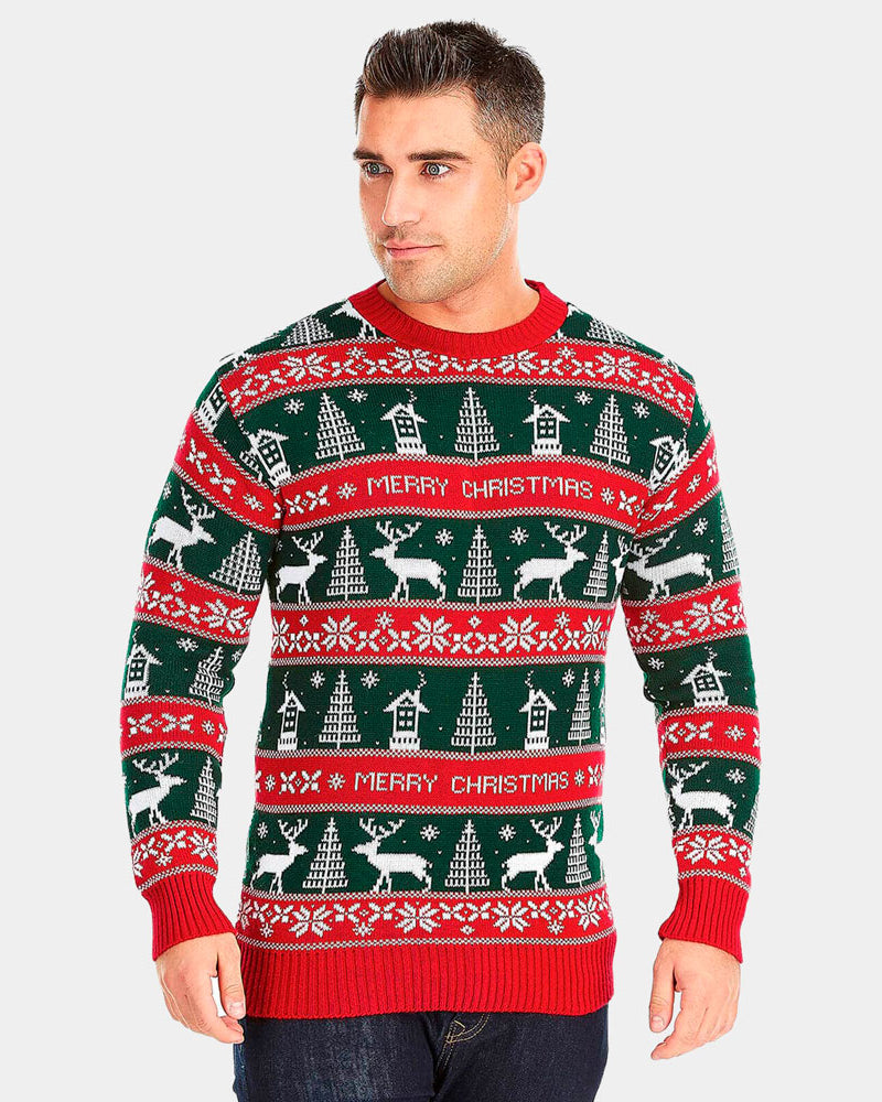 Camisola de Natal para Casal Listras Verdes e Vermelhas Merry Christmas homem