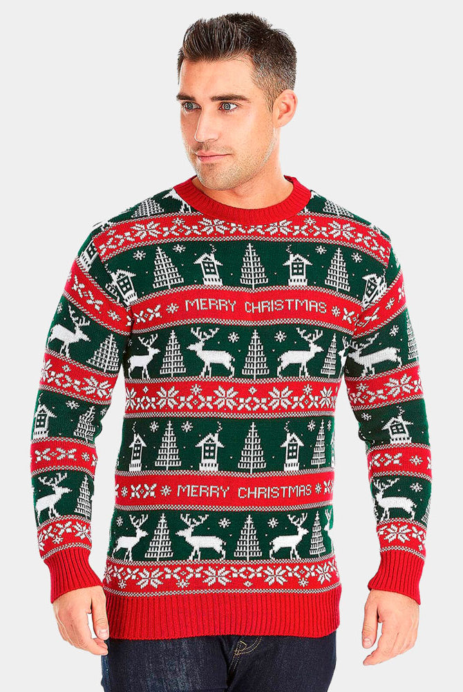 Camisola de Natal para Casal Listras Verdes e Vermelhas Merry Christmas homem