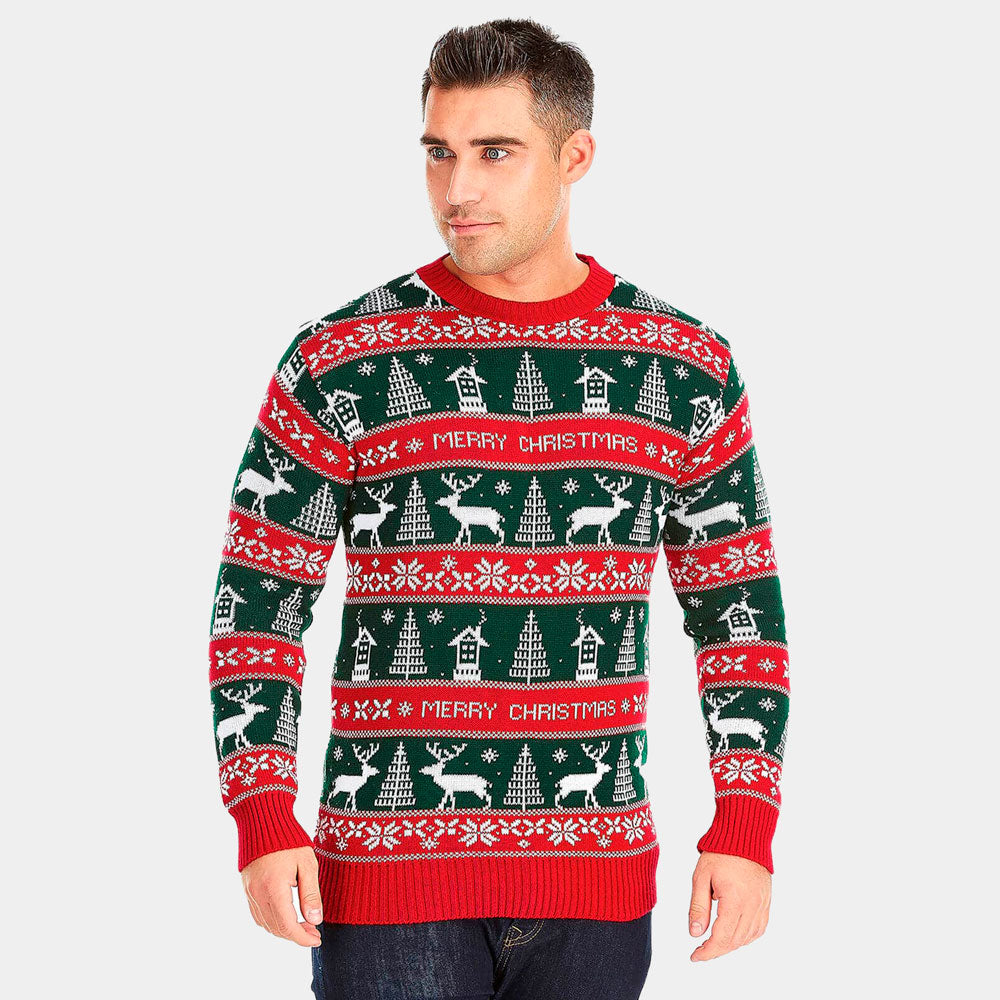 Camisola de Natal para Casal Listras Verdes e Vermelhas Merry Christmas homem