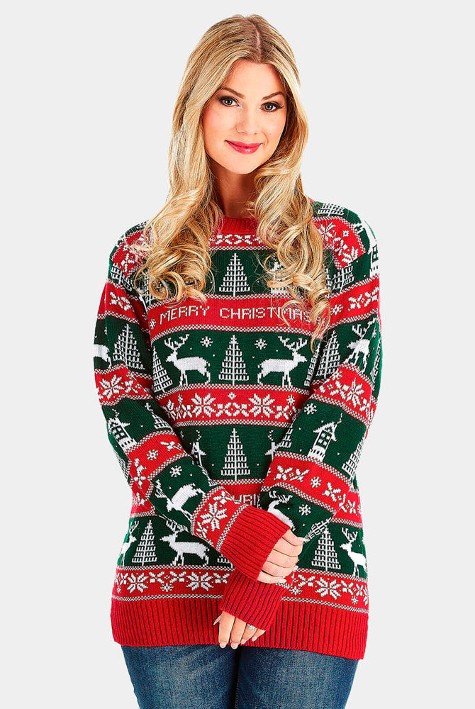 Camisola de Natal para Casal Listras Verdes e Vermelhas Merry Christmas mulher