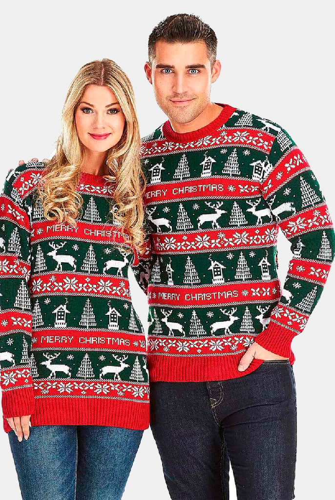 Camisola de Natal para Casal Listras Verdes e Vermelhas Merry Christmas