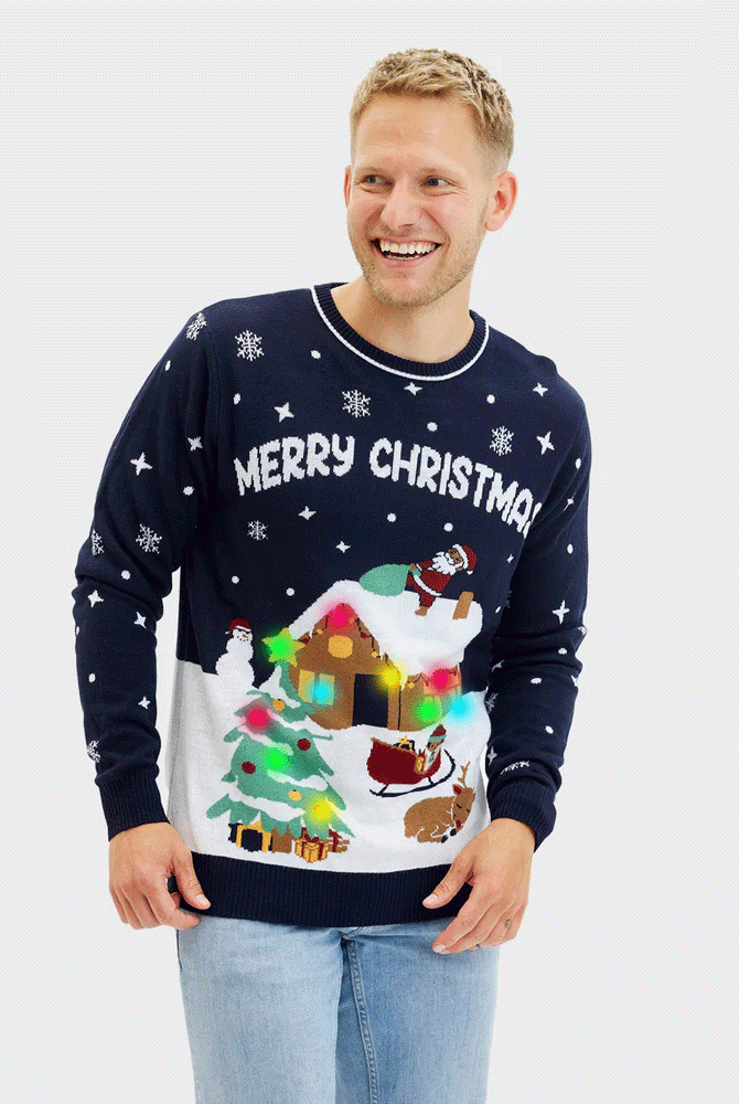 Camisola de Natal para Casal com Luzes LED Azul Merry Christmas Homem