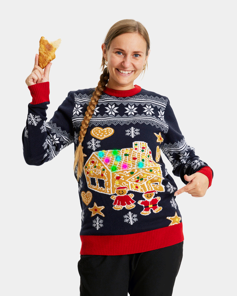 Mulher Camisola de Natal para Casal com Luzes LED Casa Gingerbread