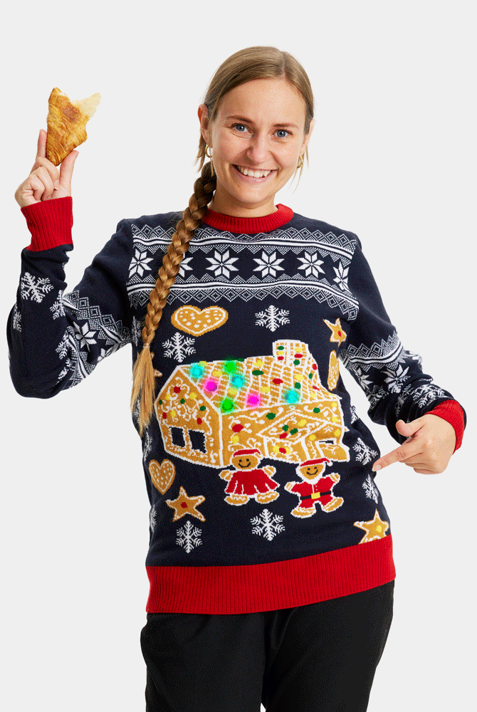 Mulher Camisola de Natal para Casal com Luzes LED Casa Gingerbread