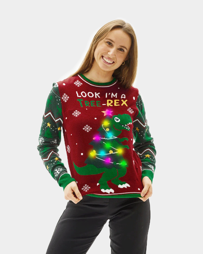 mulher Camisola de Natal para Casal com Luzes LED Christmas Tree-Rex