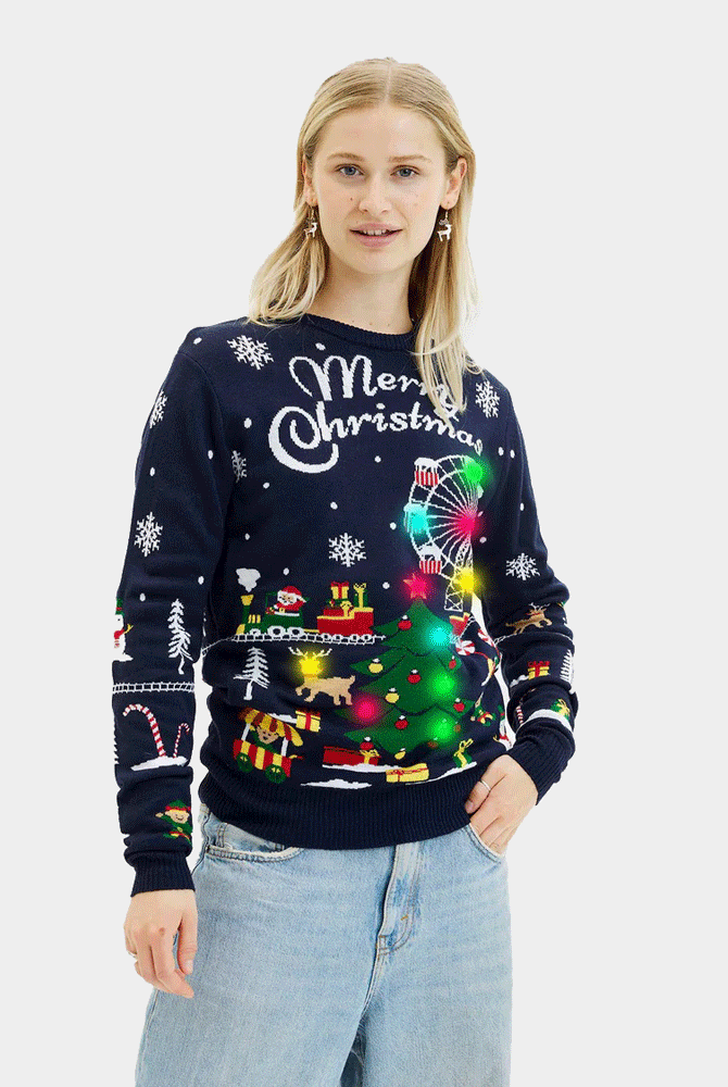 Camisola de Natal para Casal com Luzes LED Feira de Natal Mulher