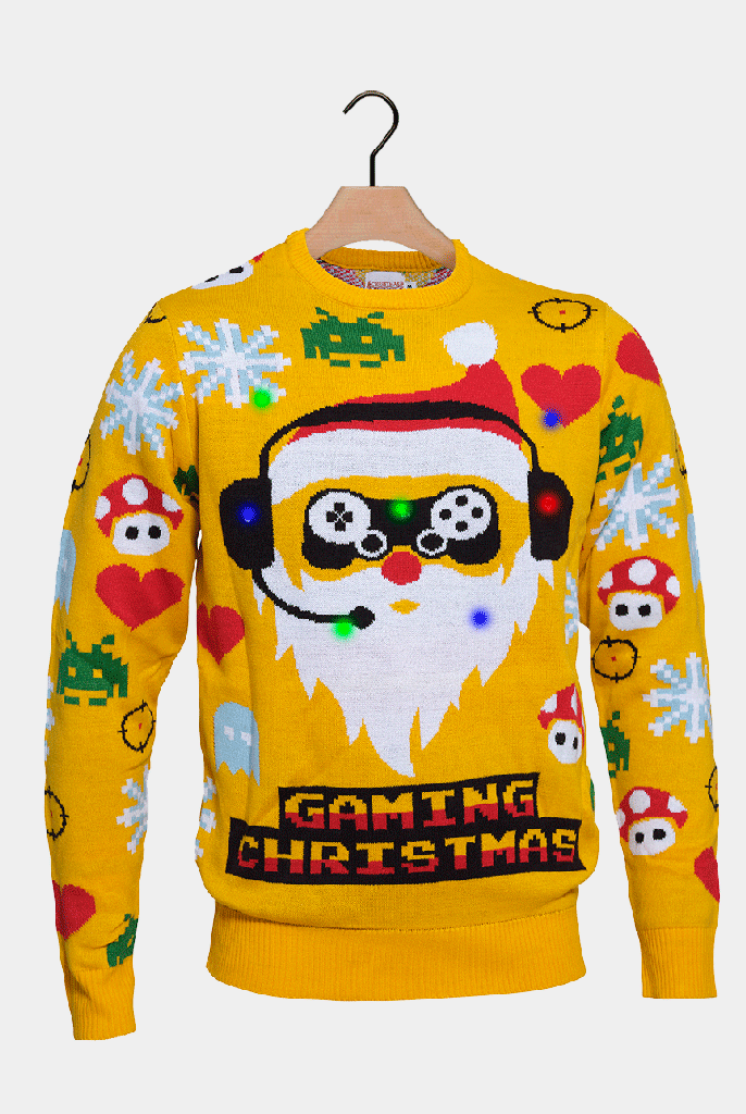 Camisola de Natal para Casal Luzes LED Pai Natal Gamer
