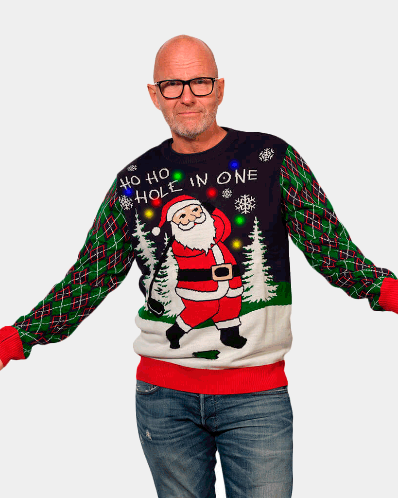 Camisola de Natal para Casal com Luzes LED Pai Natal jogando Golfe homem