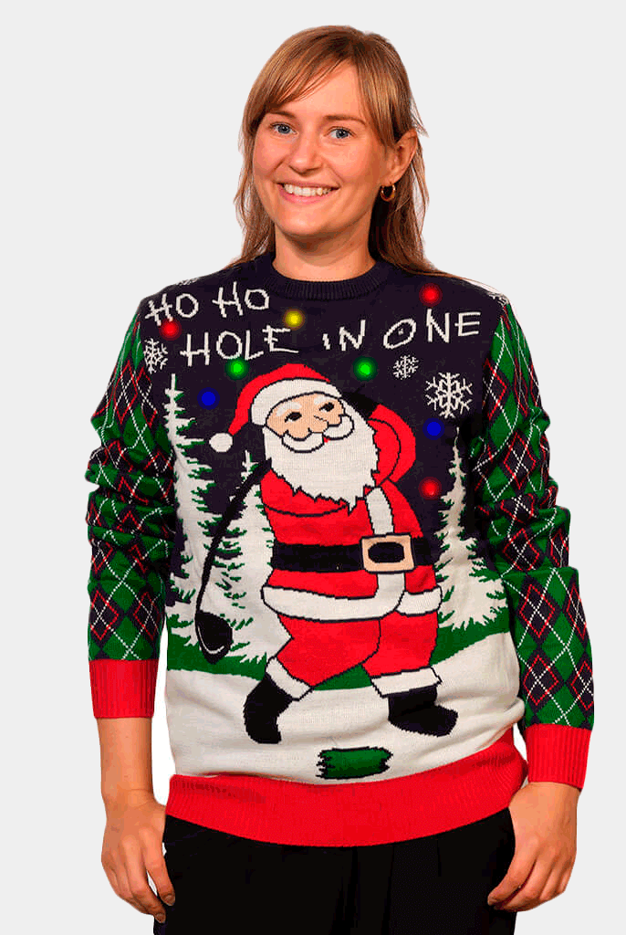 Camisola de Natal para Casal com Luzes LED Pai Natal jogando Golfe mulher