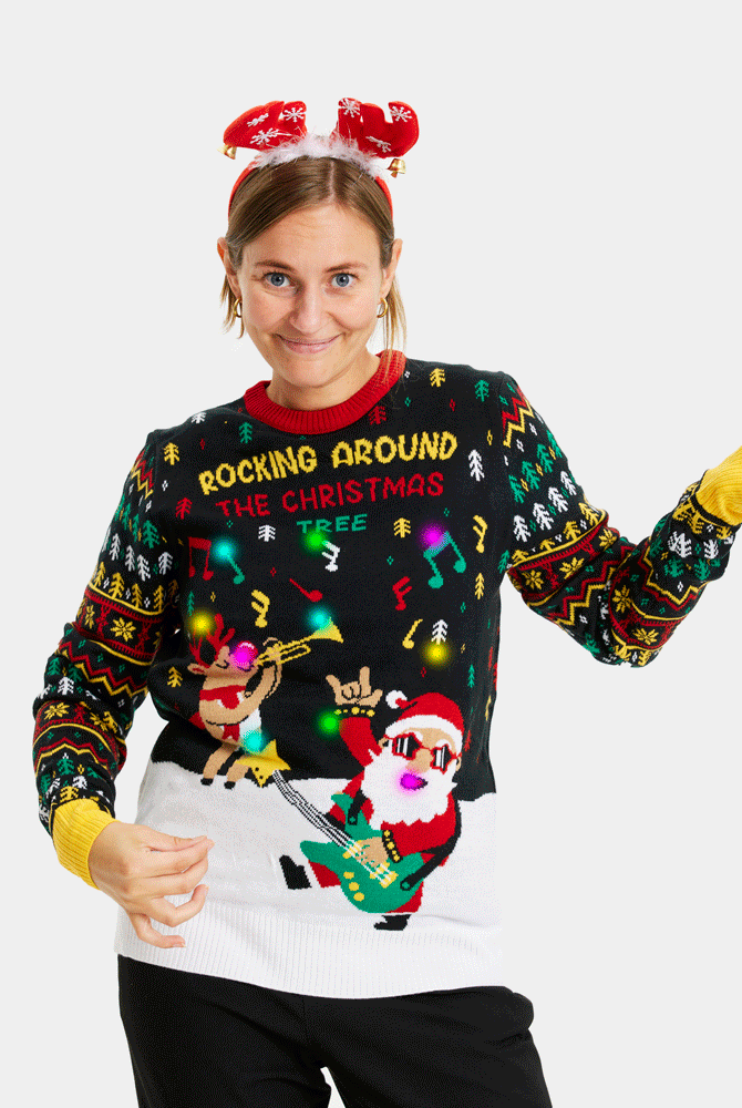 mulher Camisola de Natal para Casal com Luzes LED Pai Natal Rocker